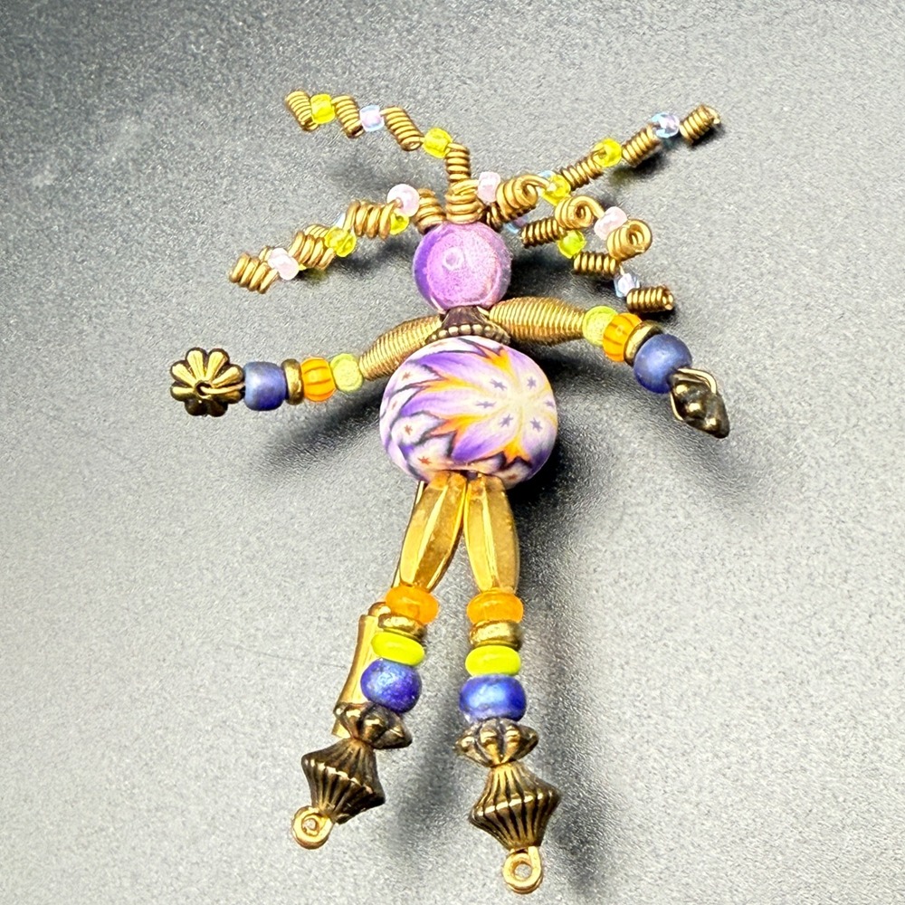 Artisan Millefiori Bead Doll Brooch Whimsical Wire Art Glass Stick Pin Purple